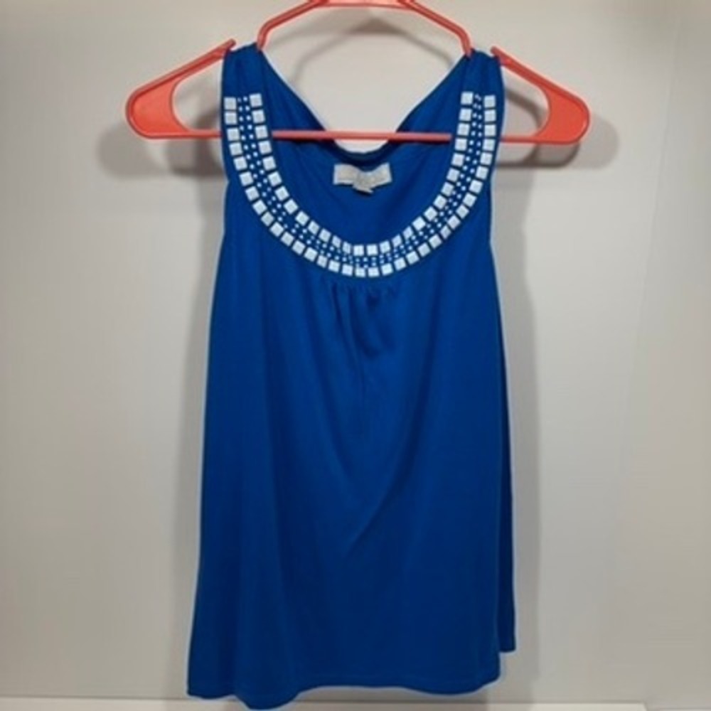 Carolyn Taylor Women Medium Blue Sleeveless Tank Top White Studded Neckline Knit